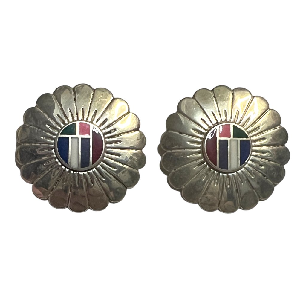 Vintage Sterling Silver Round Earrings With Multicolor Inlay In The Center